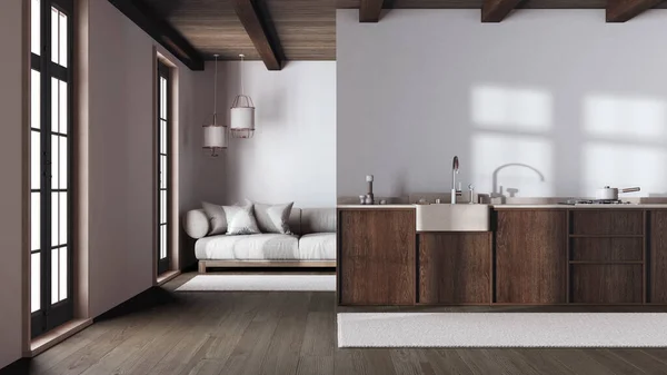 Moderne Trendy Keuken Woonkamer Met Behang Witte Beige Tinten Donker — Stockfoto