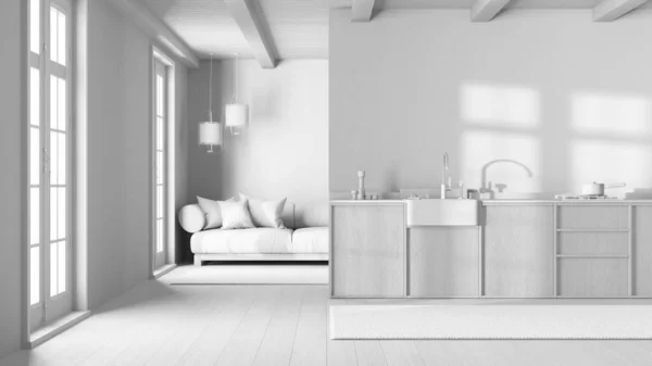 Całkowity Biały Projekt Projektu Nowoczesna Kuchnia Salon Drewniane Szafki Kanapa — Zdjęcie stockowe