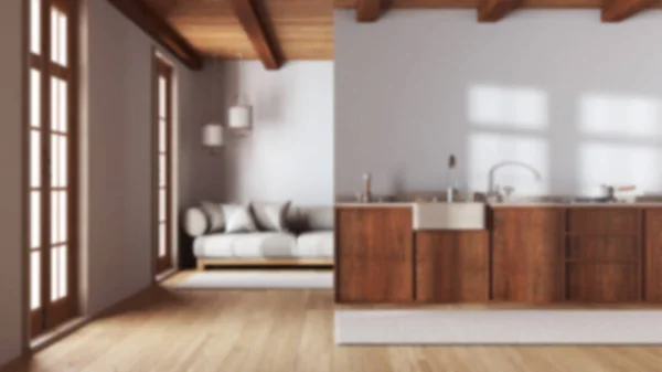 Rozmazané Pozadí Moderní Moderní Kuchyň Obývací Pokoj Dřevěné Skříňky Látková — Stock fotografie