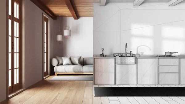 建築家インテリアデザイナーのコンセプト 手描きのドラフト未完成のプロジェクトは 現代的なキッチンやリビングルームになります 木製キャビネットとソファ ミニマリスト農家スタイル — ストック写真