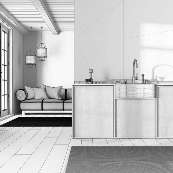 蓝图未完成的项目草稿 日本时尚厨房和客厅 木制橱柜 当代面料沙发 最低限度室内设计 — 图库照片