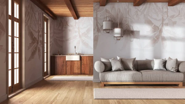 Modernes Trendiges Wohnzimmer Und Küche Mit Tapeten Weiß Und Beigetönen — Stockfoto