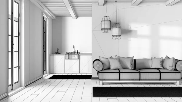Nedokončený Návrh Projektu Moderní Módní Obývací Pokoj Kuchyň Dřevěné Skříňky — Stock fotografie