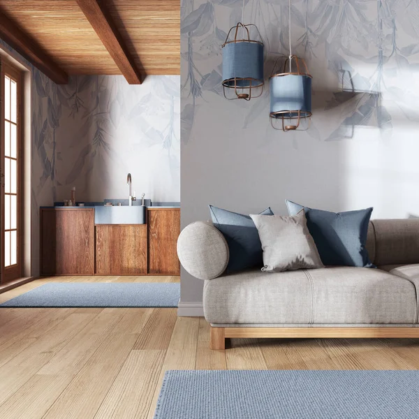 Japandi moda oturma odası ve mutfak mavi ve bej renkli duvar kağıtlarıyla. Ahşap dolaplar, modern kumaş kanepe. En düşük iç tasarım