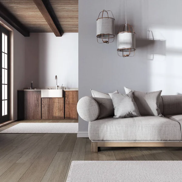 Japandi 'nin moda oturma odası ve mutfağı beyaz ve bej renkli duvar kağıtlarıyla kaplı. Koyu ahşap dolaplar, modern kumaş kanepe. En düşük iç tasarım