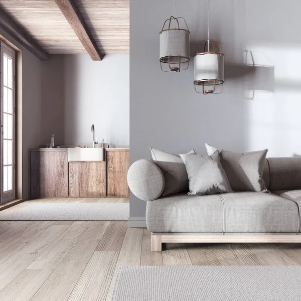 Japandi 'nin moda oturma odası ve mutfağı beyaz ve bej renkli duvar kağıtlarıyla kaplı. Beyazlatılmış ahşap dolaplar, modern kumaş kanepe. En düşük iç tasarım