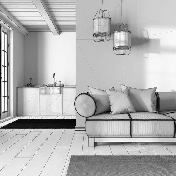 蓝图未完成的项目草稿 日本流行客厅和厨房 木制橱柜 现代面料沙发 最低室内设计 — 图库照片