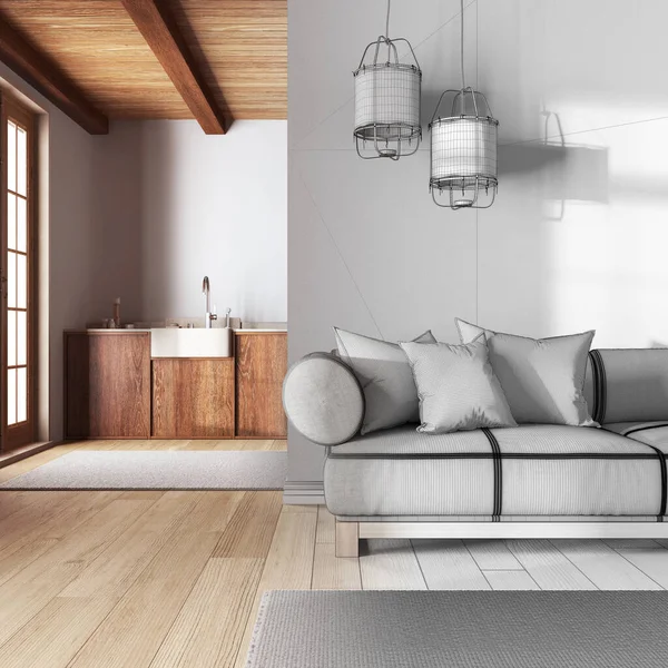 Mimar iç mimar konsepti: elle çizilmiş tamamlanmamış proje gerçek, japandi modasına uygun oturma odası ve mutfak. Tahta dolaplar ve kumaş kanepe. Asgari biçim