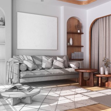 Mimari iç mimar konsepti: elle çizilmiş, tamamlanmamış, parke zeminli ahşap oturma odasına dönüşen proje. Japon çiftlik evi tarzı.