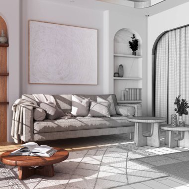 Mimari iç mimar konsepti: elle çizilmiş, tamamlanmamış, parke zeminli ahşap oturma odasına dönüşen proje. Japon çiftlik evi tarzı.