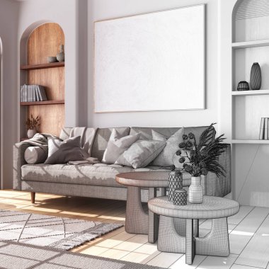 Mimar iç mimar konsepti: elle çizilmiş tamamlanmamış proje gerçek, klasik ahşap koltuklu oturma odası haline geliyor. Çiftlik evi tarzı