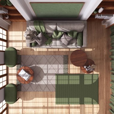 Ahşap oturma odası parke zemin ile boho tarzında. Kumaş kanepe, halı ve masalar beyaz ve yeşil tonlarda. Bohem iç tasarımı. Üst görünüm, plan, yukarıda