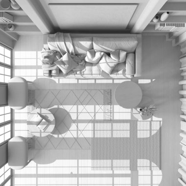 Tamamen beyaz proje taslağı, parke zeminli tahta oturma odası. Kumaş kanepe, halı ve masalar. Bohem iç tasarımı. Üst görünüm, plan, yukarıda