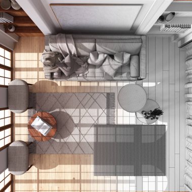 Mimari iç mimar konsepti: elle çizilmiş tamamlanmamış proje, parke ile boho tarzı ahşap oturma odası haline geliyor. Bohem tarzı. Üst görünüm, plan, yukarıda