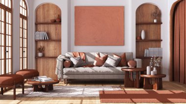 Contemporary wooden living room with parquet and arched windows. Fabric sofa, carpets and armchairs in white and orange tones. Japandi interior design clipart