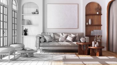 Mimari iç mimar konsepti: elle çizilmiş tamamlanmamış taslak proje, parke ve kemerli pencereli çağdaş ahşap oturma odası haline geliyor. Japon stili.