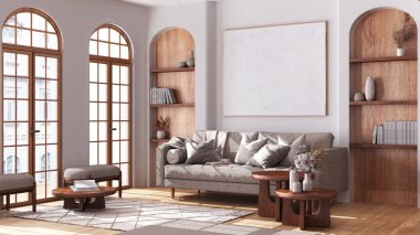 Kemerli camları ve parkesi olan boho tarzı oturma odası. Kumaş kanepe, halı ve beyaz ve bej renkli yan masalar. Bohem ahşap iç tasarım