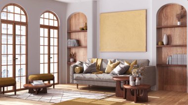 Kemerli camları ve parkesi olan boho tarzı oturma odası. Beyaz ve sarı tonlarda kumaş kanepe, halı ve sehpa. Bohem ahşap iç tasarım