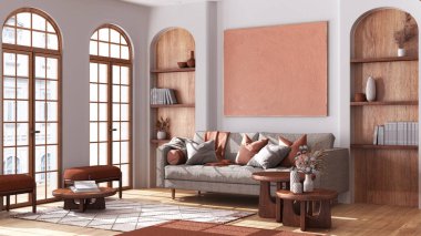 Kemerli camları ve parkesi olan boho tarzı oturma odası. Beyaz ve turuncu tonlarda kumaş kanepe, halı ve sehpa. Bohem ahşap iç tasarım