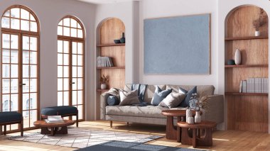 Kemerli camları ve parkesi olan boho tarzı oturma odası. Kumaş kanepe, halı ve mavi tonlarda yan masalar. Bohem ahşap iç tasarım