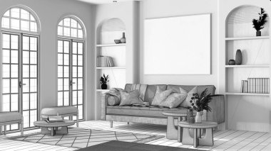 Tamamlanmamış proje taslağı, kemerli pencereler ve parke ile boho tarzı oturma odası. Kumaş kanepe, halı ve sehpa. Bohem ahşap iç tasarım