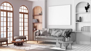 Mimari iç mimar konsepti: elle çizilmiş tamamlanmamış taslak proje gerçeğe dönüşüyor, kemerli pencereler ve parketlerle boho tarzı oturma odası. Bohem ahşap tarzı