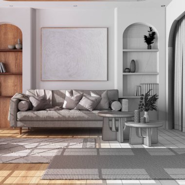 Mimari iç mimar konsepti: elle çizilmiş, tamamlanmamış, perdeleri, kanepesi, masaları ve halısı olan klasik ahşap oturma odası projesi. Çiftlik evi tarzı