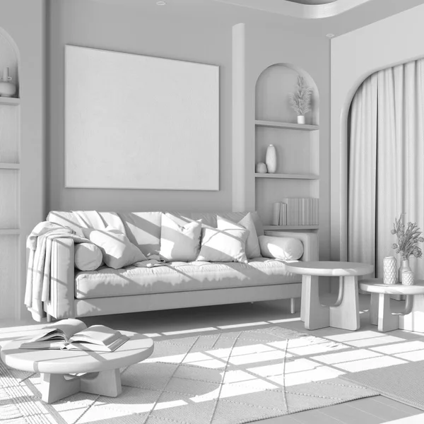 整个白色项目草案 木制客厅与花篮地板 面料沙发 咖啡桌和窗帘 日本农舍室内设计 — 图库照片