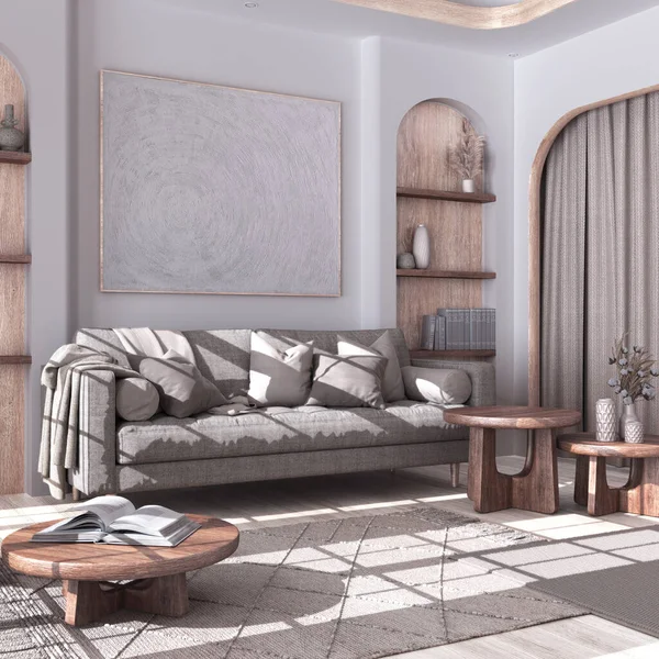 白とベージュの色調の漂白木製のリビングルームには 寄木細工の床 ファブリックソファ カペット コーヒーテーブルとカーテン 日本の農家のインテリアデザイン — ストック写真