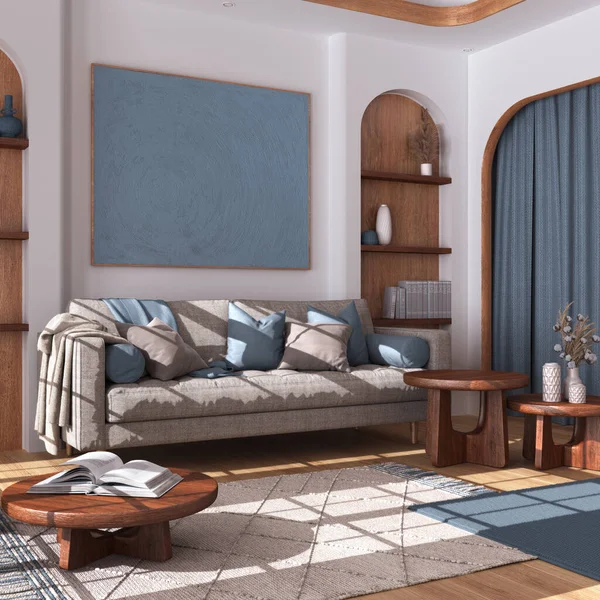 木制客厅 白色和蓝色调 有花束地板 面料沙发 咖啡桌和窗帘 日本农舍室内设计 — 图库照片