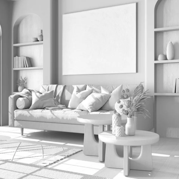 総白のプロジェクトの草案は ファブリックソファ コーヒーテーブルとカーペットと古典的な木製のリビングルーム 寄木細工の床と棚 農家のインテリアデザイン — ストック写真
