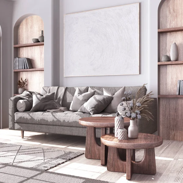 Klasický Vybělený Dřevěný Obývací Pokoj Látkovou Pohovkou Konferenčními Stolky Kobercem — Stock fotografie