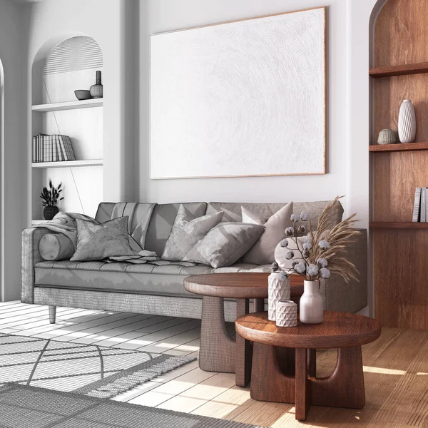 建筑师室内设计理念 手绘草图未完成的工程 成为真正的 经典的木制客厅与面料沙发 农舍风格 — 图库照片
