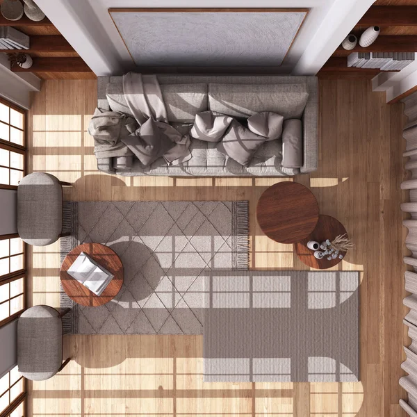 寄木細工の床とブーホースタイルの木製のリビングルーム 生地のソファ カーペット 白とベージュのトーンでテーブル ボヘミアンインテリアデザイン トップビュー 上記の — ストック写真