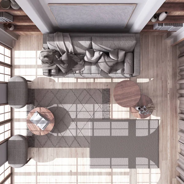 寄木細工の床とブーホースタイルの漂白木製のリビングルーム 生地のソファ カーペット 白とベージュのトーンでテーブル ボヘミアンインテリアデザイン トップビュー 上記の — ストック写真