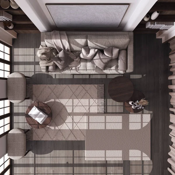 Dark Wooden Living Room Boho Style Parquet Floor Fabric Sofa — Stock Photo, Image