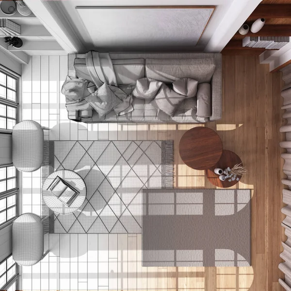 인테리어 디자이너 손으로 미완성 프로젝트는 스타일의 거실이 되었다 보헤미아식이다 위에서 — 스톡 사진