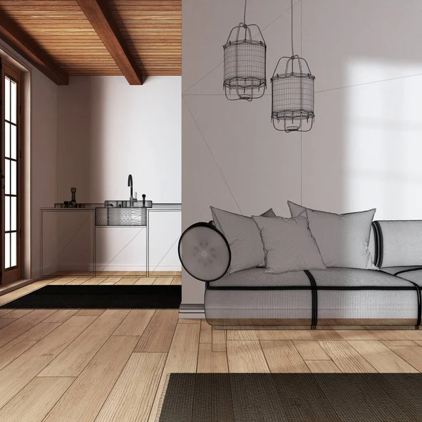 Interior Branco Vazio Com Piso Parquet Design Arquitetura Personalizada Esboço — Fotografia de Stock