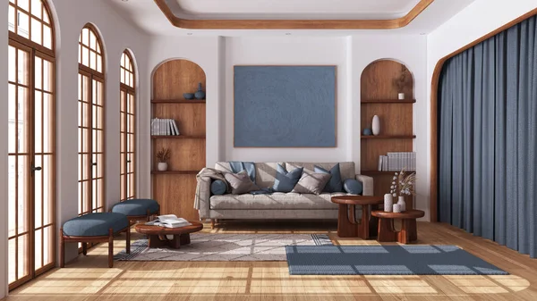 Modern wooden living room with parquet and arched windows. Fabric sofa, carpets and armchairs in white and blue tones. Boho style interior design