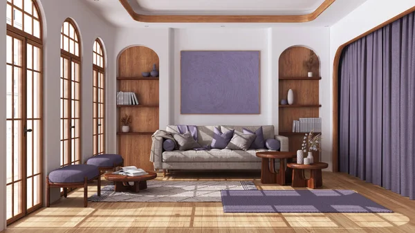 현대식 거실에 응접실 아치형 안락의자는 보라색 색조로 스타일의 인테리어 디자인 — 스톡 사진