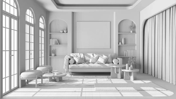 Projecto Total Branco Moderna Sala Estar Madeira Com Parquet Janelas — Fotografia de Stock