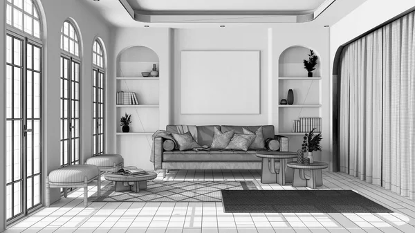 蓝图未完成的项目草稿 现代木制客厅与花篮和拱形窗户 织物沙发 地毯和扶手椅 Boho风格室内设计 — 图库照片