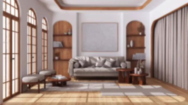 Unscharfer Hintergrund Modernes Holz Wohnzimmer Mit Parkett Und Bogenfenstern Stoffsofa — Stockfoto