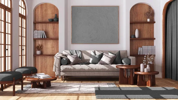 Współczesny Drewniany Salon Parkietem Łukowymi Oknami Tkanina Sofa Dywany Fotele — Zdjęcie stockowe