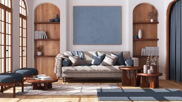Contemporary wooden living room with parquet and arched windows. Fabric sofa, carpets and armchairs in white and blue tones. Japandi interior design