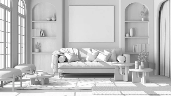 整个白色项目草案 当代木制客厅与花篮和拱形窗户 织物沙发 地毯和扶手椅 日本室内设计 — 图库照片