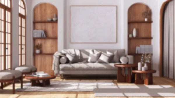Unscharfer Hintergrund Zeitgenössisches Holz Wohnzimmer Mit Parkett Und Bogenfenstern Stoffsofa — Stockfoto
