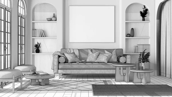 蓝图未完成的项目草稿 当代木制客厅与花篮和拱形窗户 织物沙发 地毯和扶手椅 日本室内设计 — 图库照片