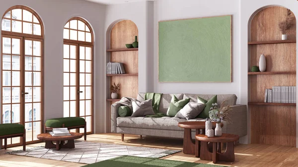 Living Room Boho Style Arched Windows Parquet Fabric Sofa Carpet — Stock Photo, Image