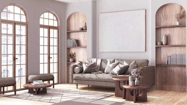 Living Room Boho Style Arched Windows Parquet Fabric Sofa Carpet — Stock Photo, Image